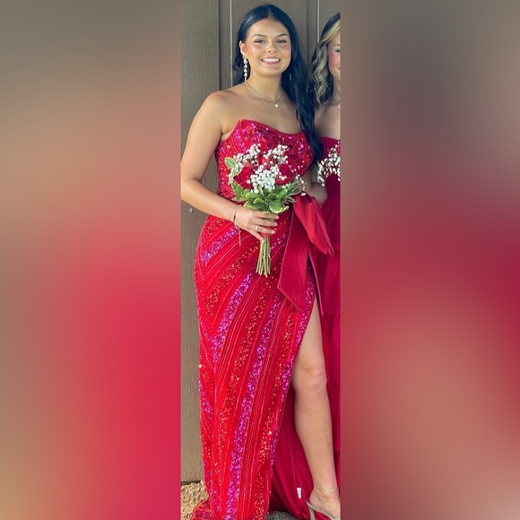 Sherri Hill Dresses & Skirts - Sherri Hill 56896 Red/Fuchsia Sweetheart Neck Strapless Beaded w/Bow Skirt Slit